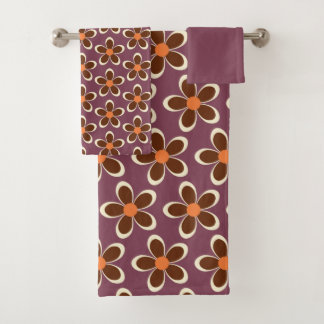 Purple and Orange Retro Flower Pattern  Bath Towel Set