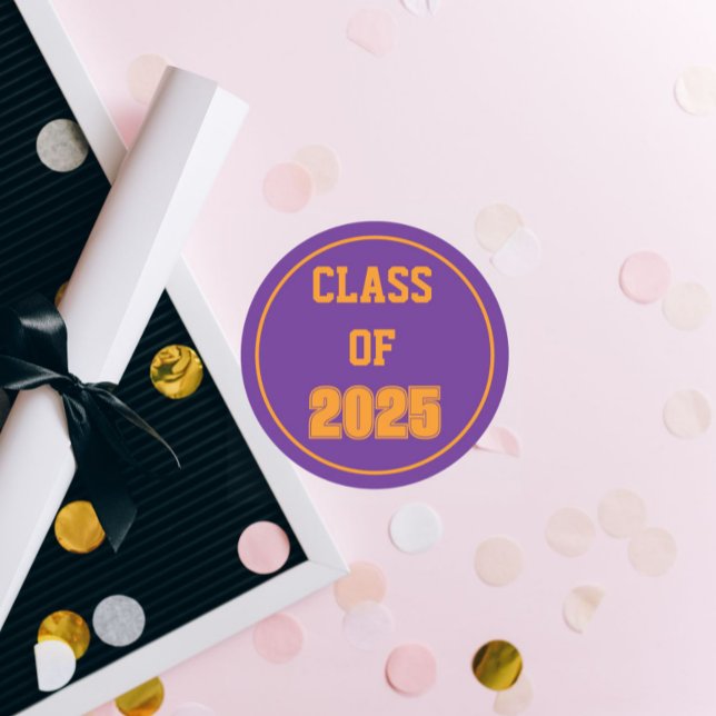 Purple and Orange School Colours Class Year Classic Round Sticker (In Situ Graduation)