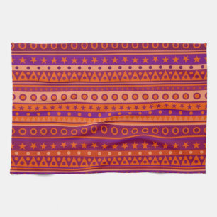Purple and Orange Stripy Stars and Spots Pattern Tea Towel