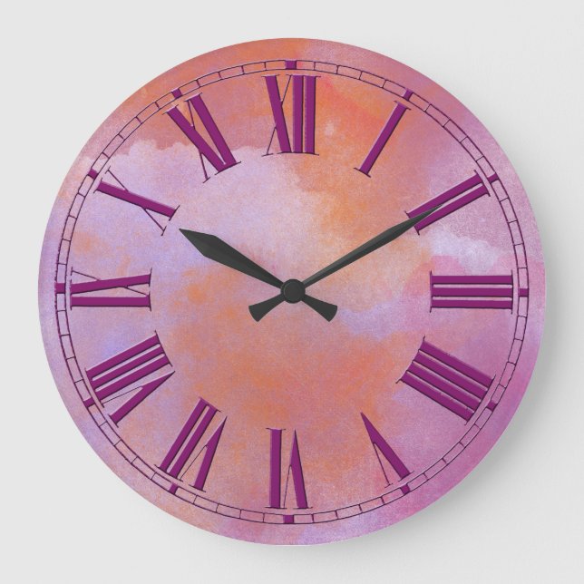 Purple and Orange Watercolor Effect Large Clock (Front)