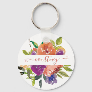 Purple and orange watercolor floral personalised key ring