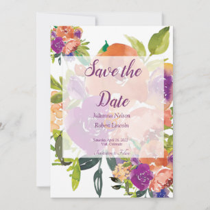 Purple and orange watercolor floral save the date invitation