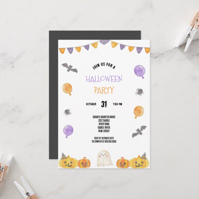 PURPLE AND ORANGE WATERCOLOR HALLOWEEN PARTY  INVITATION (Front/Back In Situ)