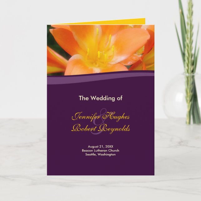 Purple and Orange Wedding Program Card (Front)