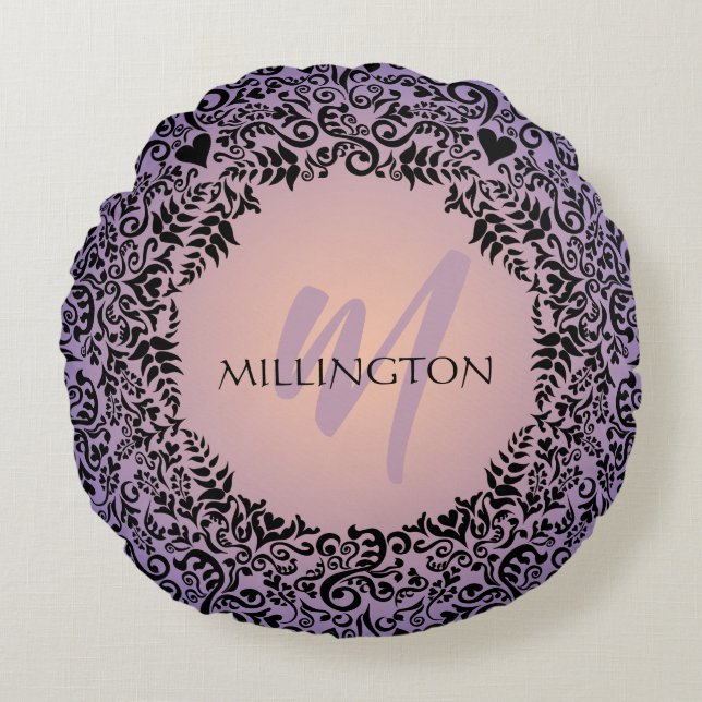 Purple and Peach Damask Monogram Round Cushion (Front)