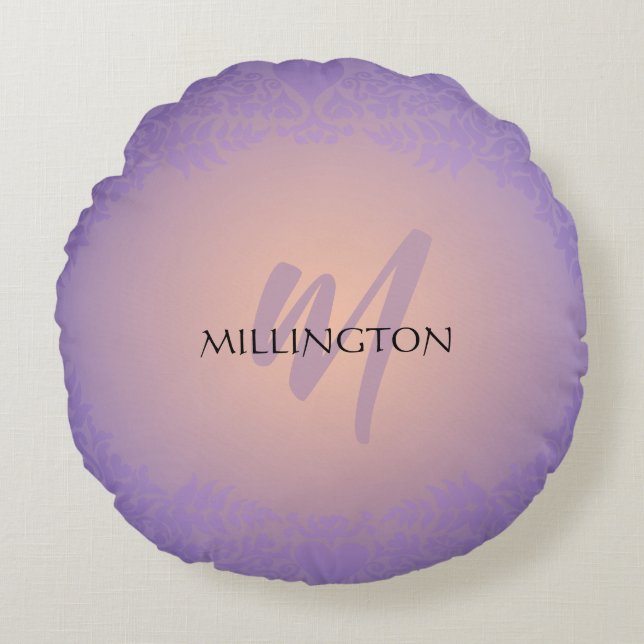 Purple and Peach Damask Monogram Round Cushion (Front)