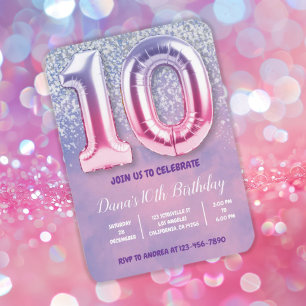 Purple and Pink 10th Birthday Balloon  Invitation