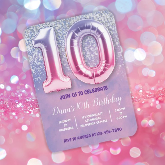 Purple and Pink 10th Birthday Balloon  Invitation (Creator Uploaded)