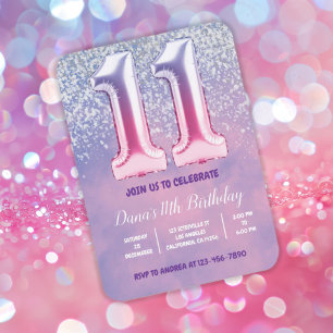 Purple and Pink 11th Birthday Balloon  Invitation