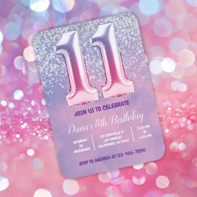 Purple and Pink 11th Birthday Balloon  Invitation (Creator Uploaded)