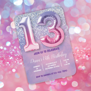 Purple and Pink 13th Birthday Balloon  Invitation