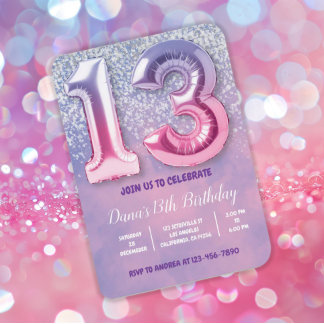 Purple and Pink 13th Birthday Balloon  Invitation