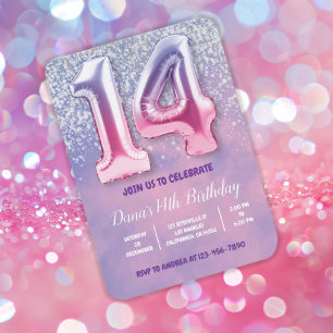 Purple and Pink 14th Birthday Balloon  Invitation
