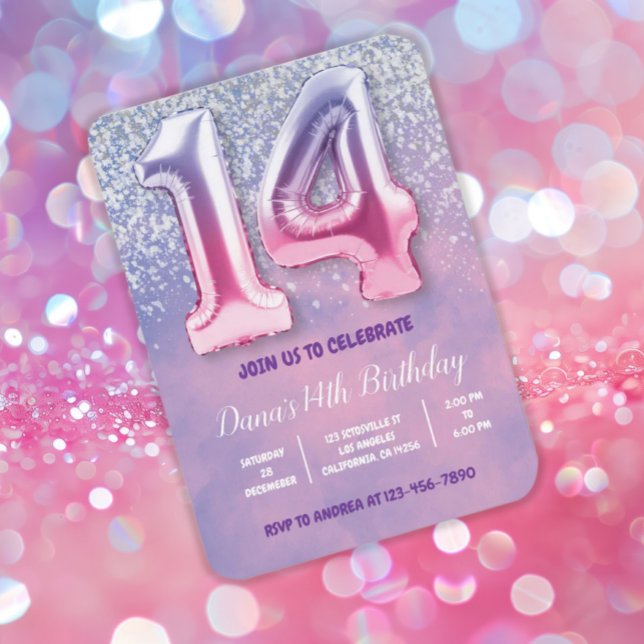 Purple and Pink 14th Birthday Balloon  Invitation (Creator Uploaded)