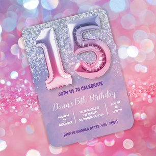 Purple and Pink 15th Birthday Balloon  Invitation