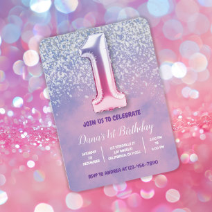 Purple and Pink 1st Birthday Balloon  Invitation