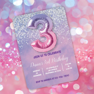 Purple and Pink 3rd Birthday Balloon  Invitation