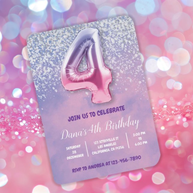 Purple and Pink 4th Birthday Balloon  Invitation (Creator Uploaded)