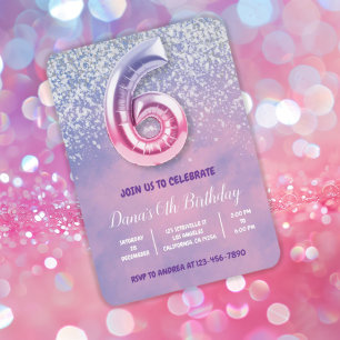 Purple and Pink 6th Birthday Balloon  Invitation