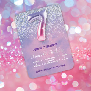 Purple and Pink 7th Birthday Balloon Invitation