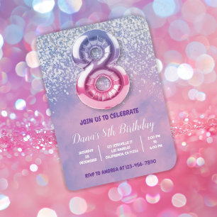 Purple and Pink 8th Birthday Balloon  Invitation