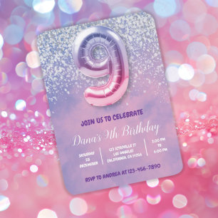 Purple and Pink 9th Birthday Balloon Invitation