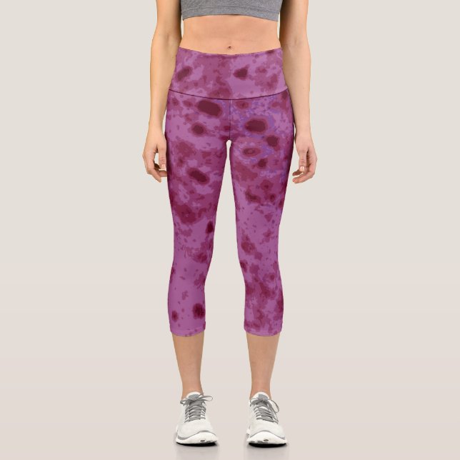Purple and pink abstract distressed pattern capri leggings (Front)