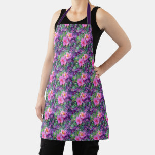 Purple and pink botanical floral pattern apron