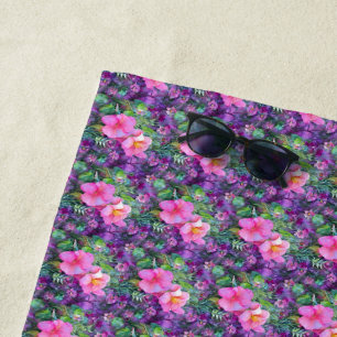 Purple and pink botanical floral pattern beach towel