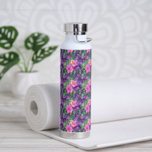 Purple and pink botanical floral pattern water bottle