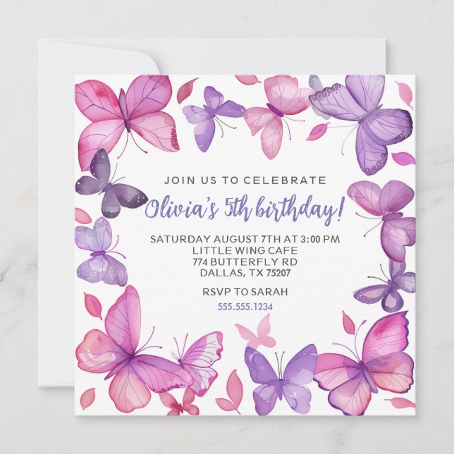 Purple and Pink Butterfly Girl's Birthday Invitation (Front)