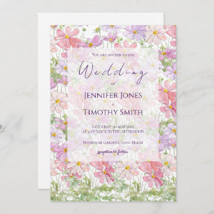 purple and pink cosmos flowers watercolour  invitation