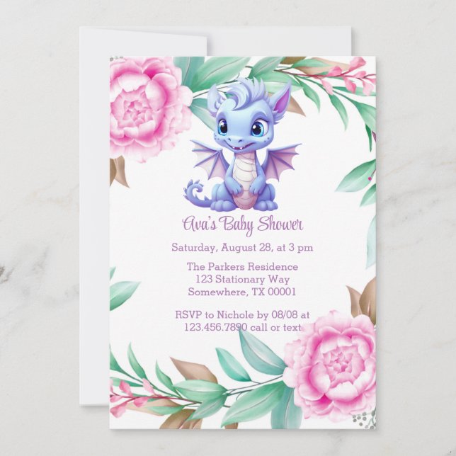 Purple and Pink Dragon Peony Girl Baby Shower Invitation (Front)