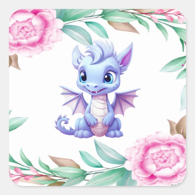 Purple and Pink Dragon Peony Girl Baby Shower Square Sticker (Front)