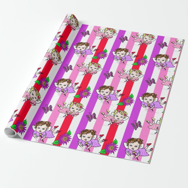 Purple and Pink Fairies, Flowers and Butterflies Wrapping Paper (Unrolled)