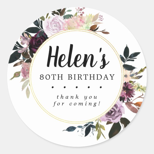 Purple and Pink Floral 80th Birthday Thank You Classic Round Sticker (Front)