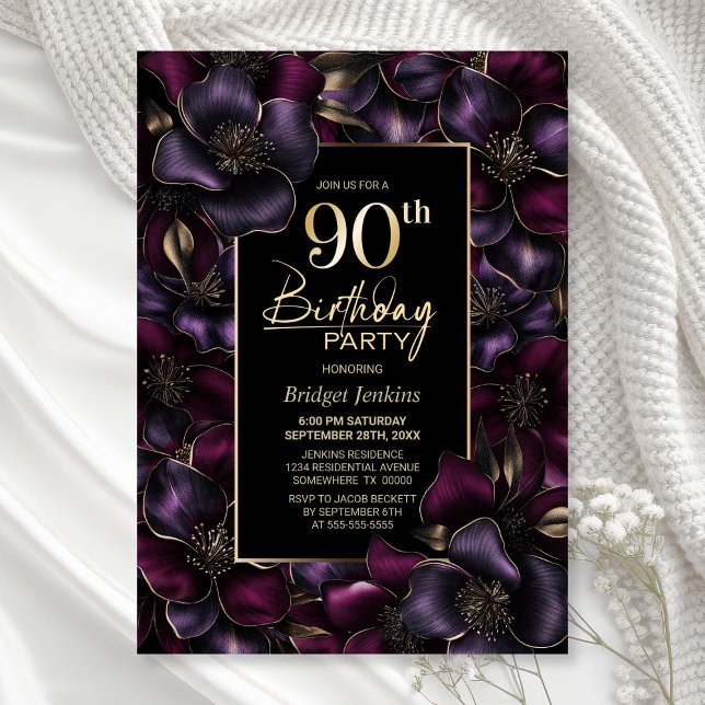 Purple and Pink Floral 90th Birthday Party Invitation (Creator Uploaded)