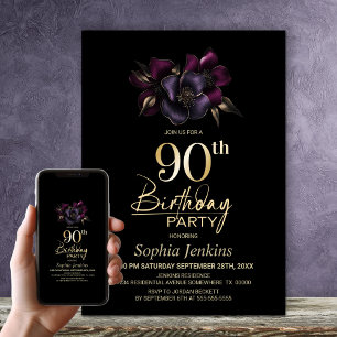 Purple and Pink Floral Black 90th Birthday Party Invitation