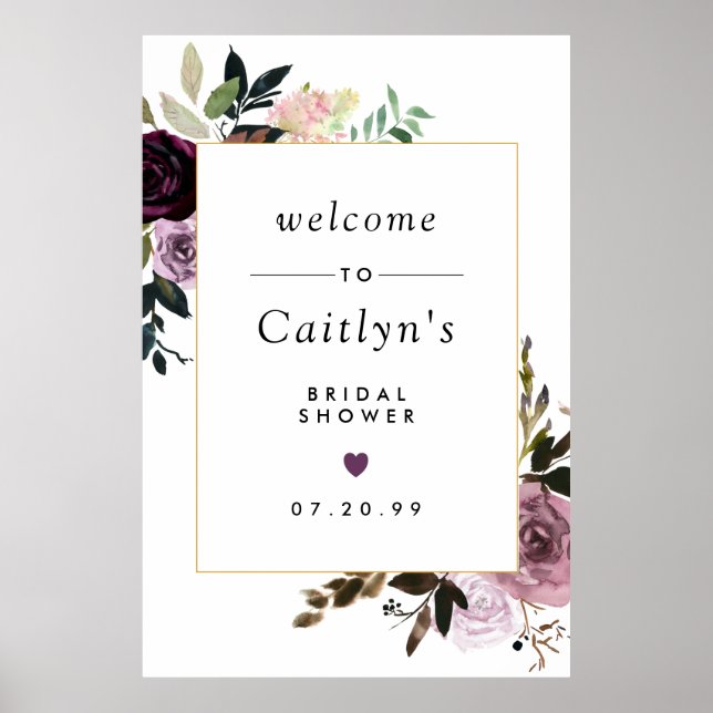 Purple and Pink Floral Bridal Shower Welcome Sign (Front)