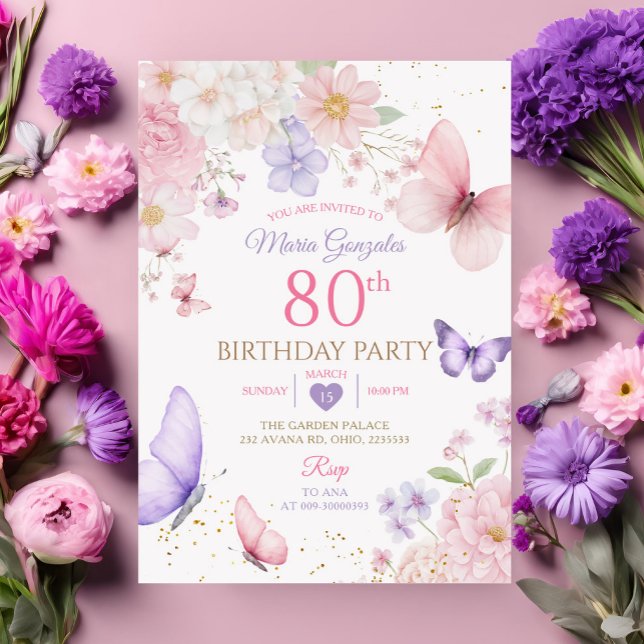 Purple and Pink Floral Butterfly 80th Birthday Invitation (Creator Uploaded)