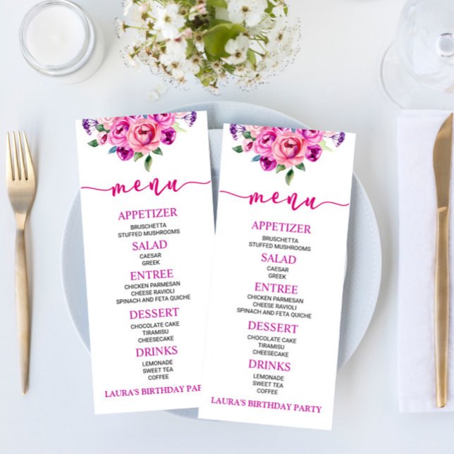Purple and Pink Floral Flower Birthday Party Food Menu (Creator Uploaded)