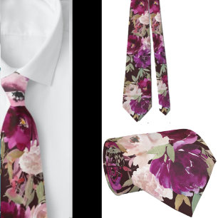 Purple and Pink Floral Flowers Roses Wine Neck Tie