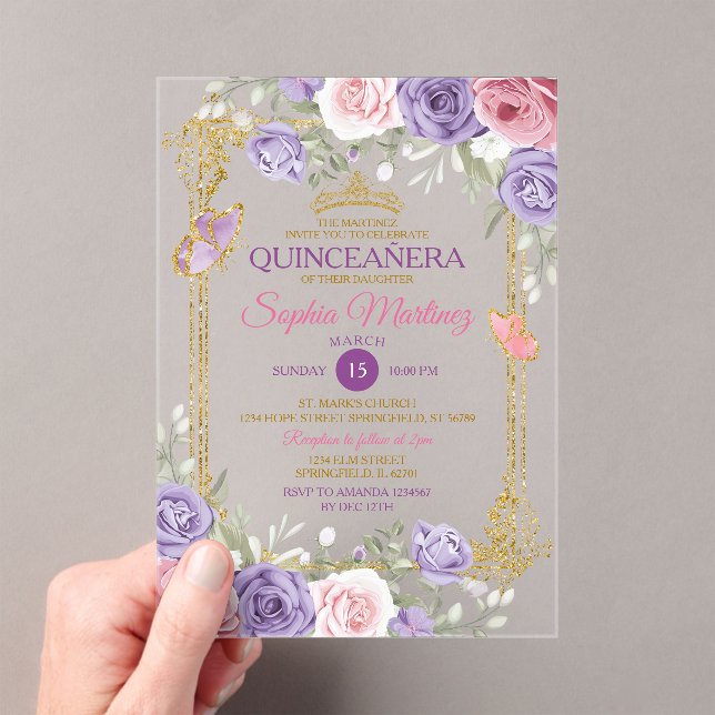 Purple And Pink Floral Gold Crown Girl Quinceañera Acrylic Invitations (Insitu (Handheld))