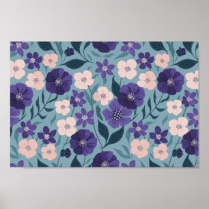 Purple and Pink Floral on a Soft Teal Background Poster