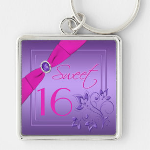 Purple and Pink Floral  Sweet Sixteen Keychain