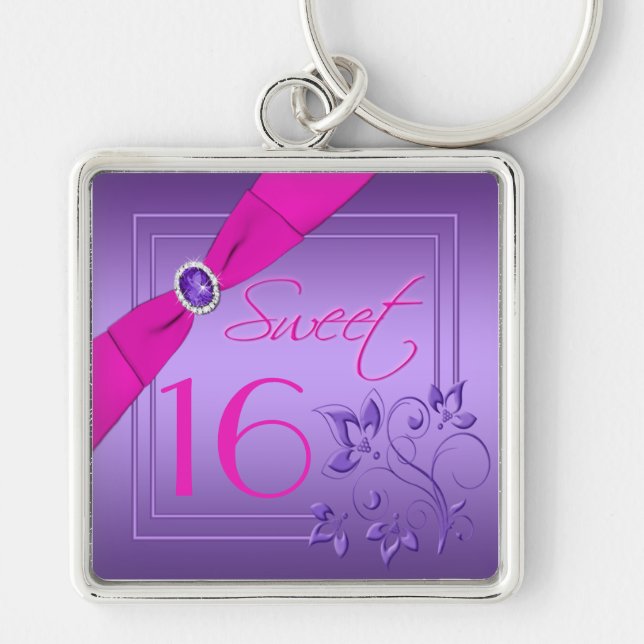 Purple and Pink Floral  Sweet Sixteen Keychain (Front)