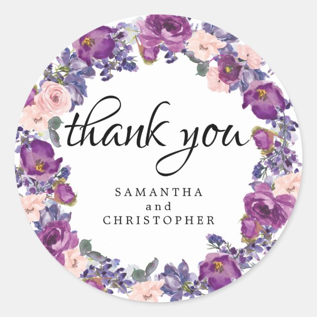 Purple and Pink Floral Wedding Favour Thank You Classic Round Sticker (Front)