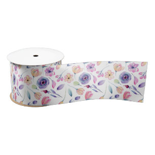 Purple and Pink Flowers and Greenery  Satin Ribbon