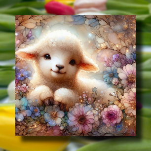 Purple and Pink Flowers and Lamb Christian Easter Holiday Card