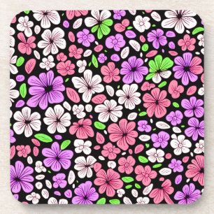 Purple and Pink Flowers and Petals Pattern Black Coaster
